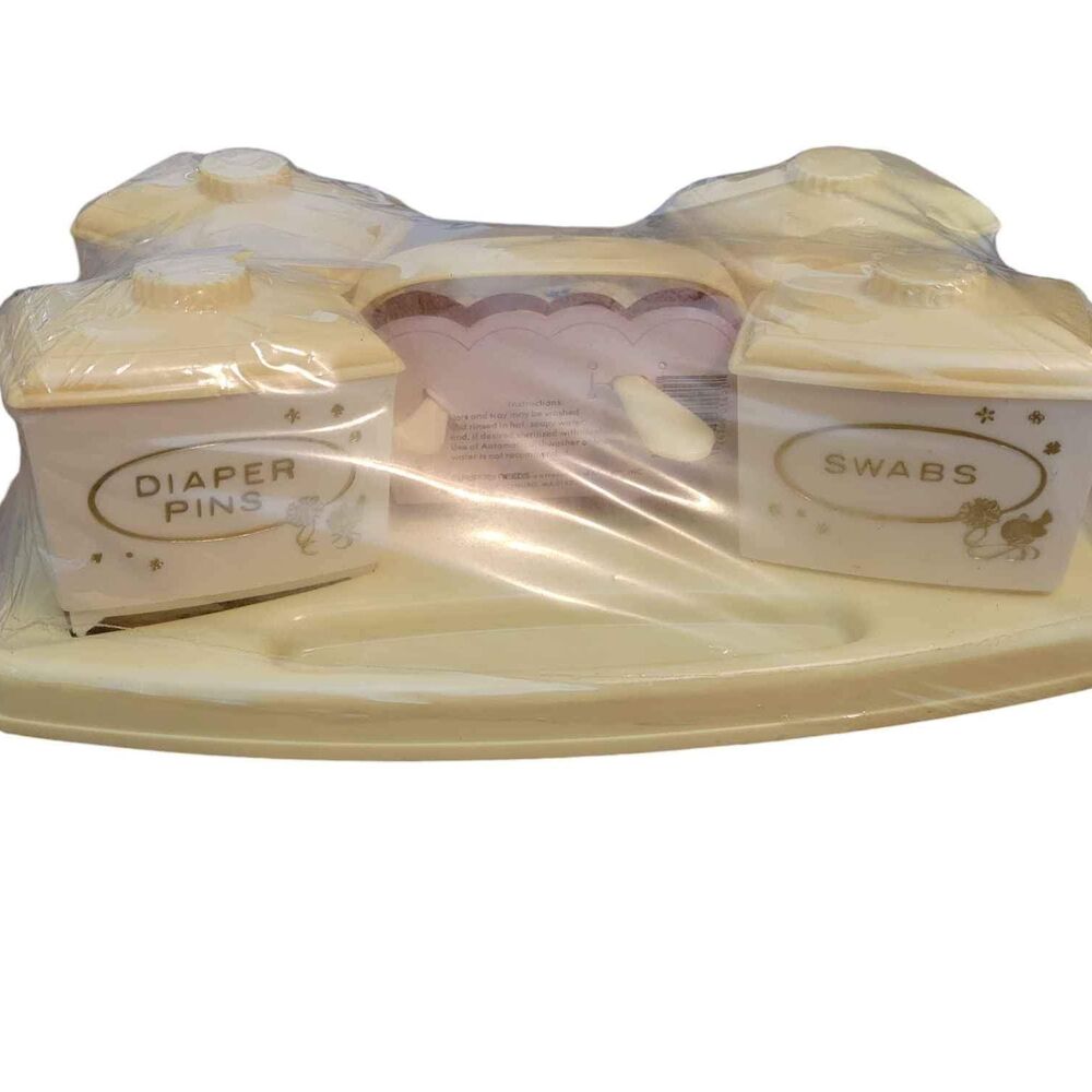 NIP Vintage Sanitoy Nursery Needs No. 1491 Plastic Jar Set with Comb and Brush